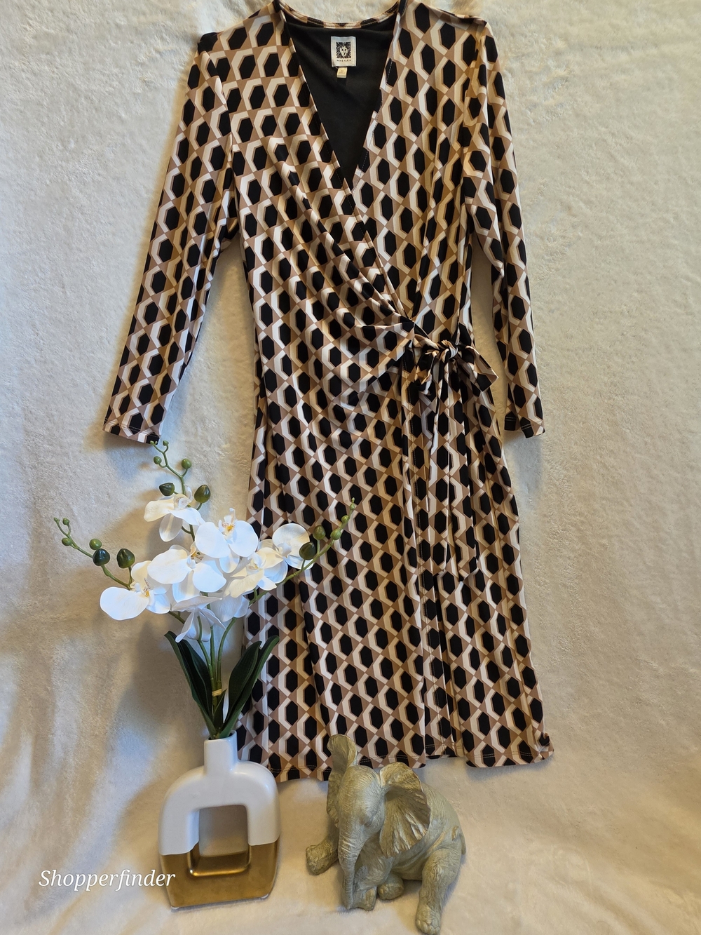 Anne Klein Women’s XS Geometric Wrap Dress V-Neck 3/4 Sleeve Tie Black Beige